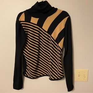 Sydney Easton Women’s Turtleneck Sweater L Black Camel Stripe Geometric Pullover